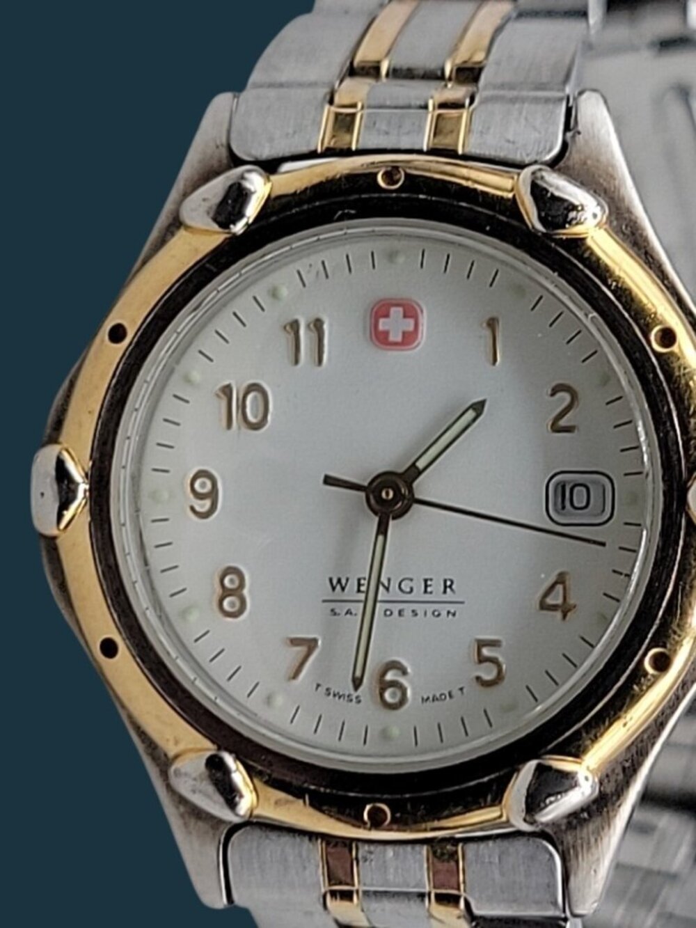 Vtg Wenger SAK Design Ladies Watch Two Tone Date White Dial 100M Water Res 29mm - Picture 7 of 15